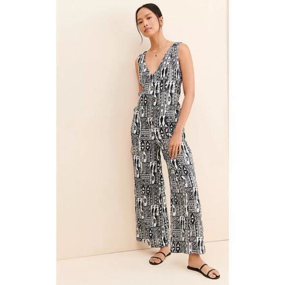 Anthropologie The Odells mixed fun print 100% linen jumpsuit pockets size XS